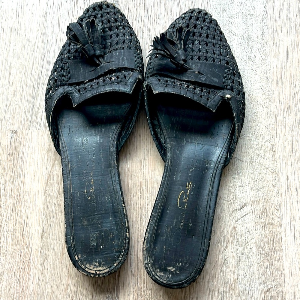 Oscar de la Renta Spanish Mules in black cork.